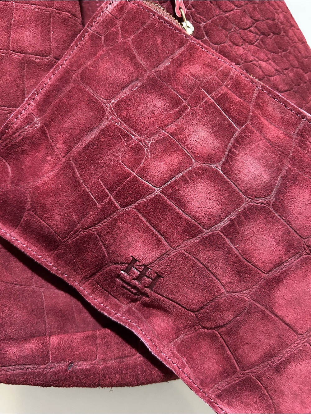 Haute Hippie Wine Red Croc-Embossed Suede Hobo Shoulder Bag - Picture 7 of 11